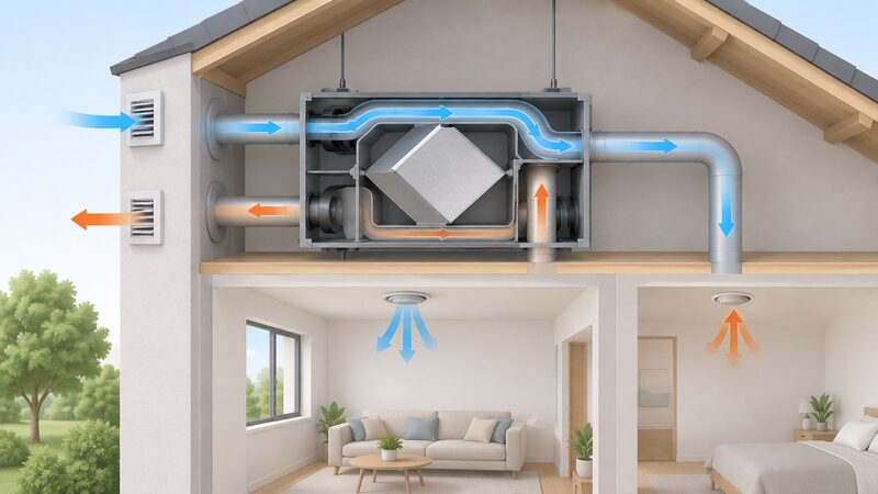 A simplified cutaway diagram of an MVHR unit in summer bypass mode, with an arrow showing incoming outdoor air routed around the heat exchanger core and supplied to the home, alongside a second arrow of stale air being extracted and expelled outside.