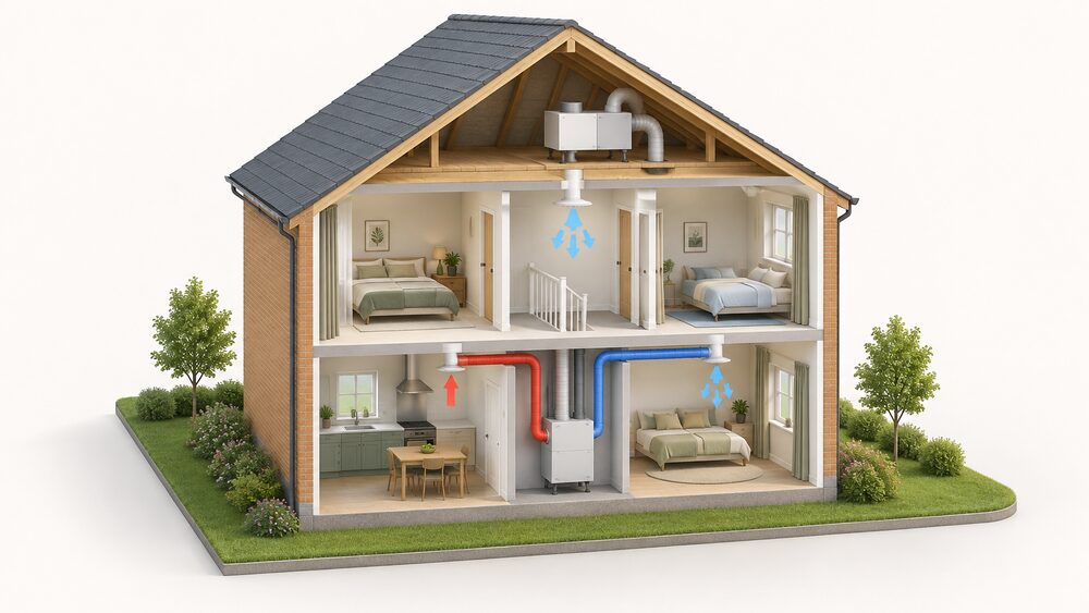 A cutaway of a small house showing an MVHR central unit with ducts running to a kitchen and bedroom within the insulated envelope, while a PIV unit sits in the loft above pushing filtered air through a ceiling diffuser in the landing below.