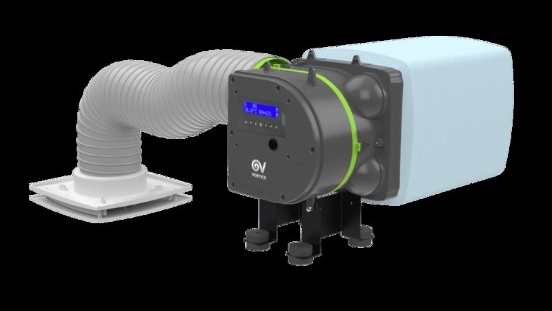 A Vortice positive input ventilation (PIV) unit with flexible ducting, ceiling diffuser and insulated loft box, shown on a white background