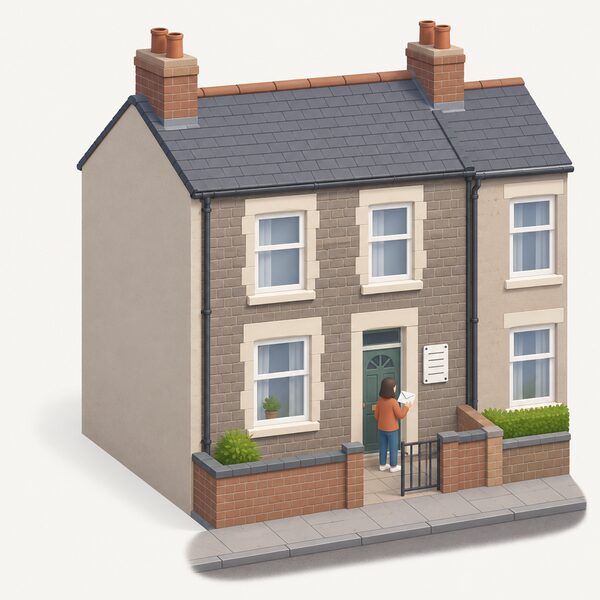 A modest Welsh terraced house seen from the street, with a small isometric figure of the householder standing at the front door holding a letter, and a simple certificate-style sheet pinned beside the door shown only with blank lines, suggesting a privately owned or privately rented home that could qualify for Nest support.
