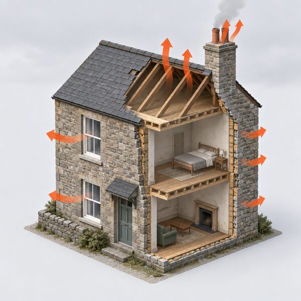 An older Welsh stone house on a grey day with visible signs of poor thermal efficiency, such as a single-glazed sash window, a draughty chimney and thin bare walls, shown in a simple cutaway revealing heat escaping through the roof and walls.