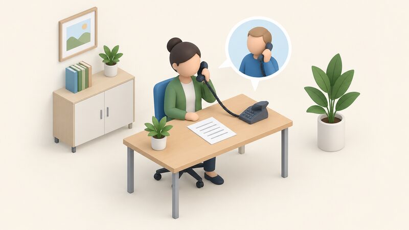 A simplified isometric adviser sits at a desk in an advice office, telephone handset to ear, mid-call with a householder, while an eligibility checklist sheet lies on the desk in front of them with its questions shown only as blank lines.