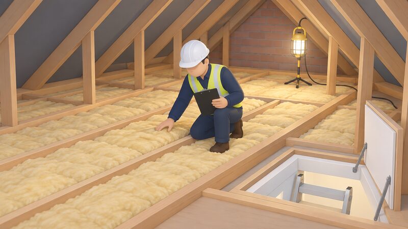 An independent quality assurance inspector in a domestic loft, kneeling beside freshly laid insulation between joists, holding a clipboard and inspecting the coverage before sign-off, with a hatch and light showing the UK loft setting.