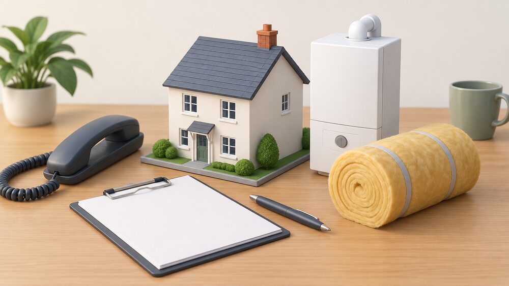 A small model of a house with a new boiler and rolled loft insulation beside it, resting on a table with blank application paperwork, a clipboard and a telephone handset, suggesting a household applying for free home energy improvements.