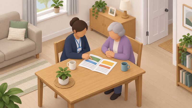 A council housing officer and an older resident sit together at a table in a home, reviewing a printed home energy options leaflet together, with the officer pointing to a plain colour-banded page while the resident looks on.