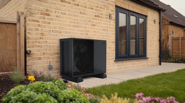 A dark grey air source heat pump unit installed on the ground outside a brick new-build house