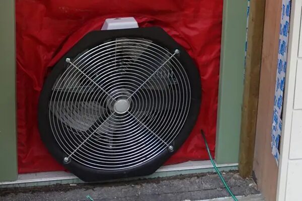 A blower door fan fitted into a red airtightness test seal in a doorway during an air permeability test