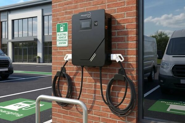 A black Project EV dual-socket electric vehicle charge point mounted on a brick wall in a car park with EV charging bays