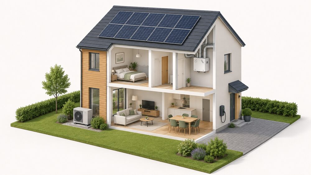 A cutaway view of a modern new build house showing solar PV panels on its roof, an air source heat pump unit standing outside on the ground beside an external wall, an EV charge point mounted on the outside wall by the drive, and mechanical ventilation equipment inside, with no gas flue anywhere.