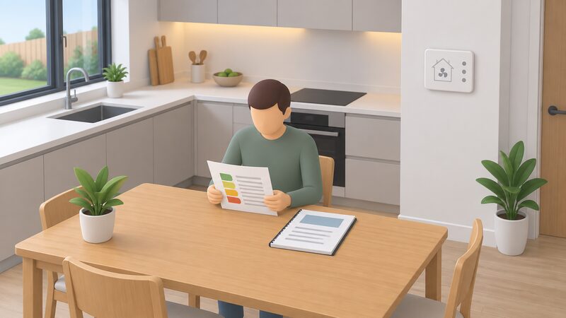 A householder sits at a kitchen table in a new-build home reading a printed recommendations report, with a second bound system record beside it and a mechanical ventilation control panel visible on the kitchen wall nearby.