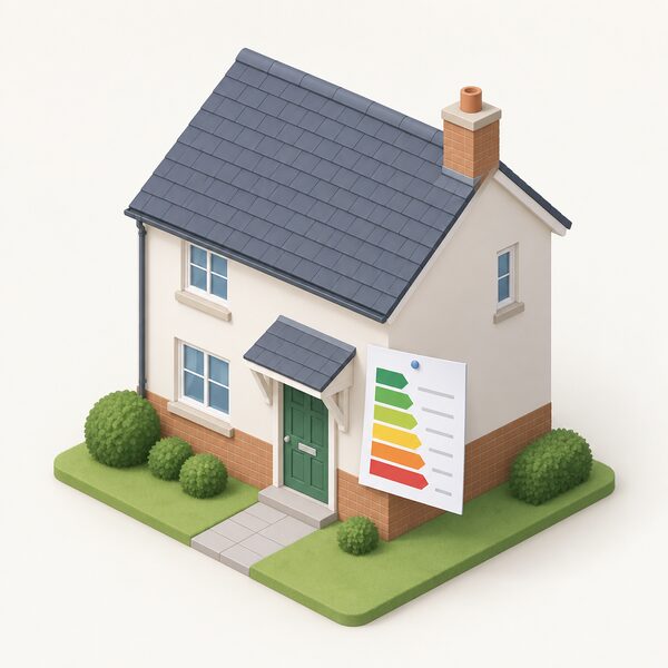 A simplified isometric house with a large EPC certificate document pinned beside its front door, the certificate shown as a physical sheet with plain colour bands and blank lines representing the modelled rating, no meter or measuring device anywhere in the scene.