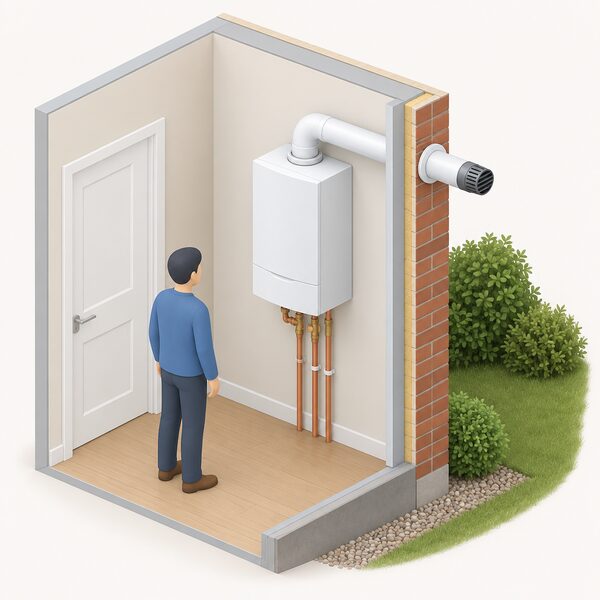 A wall-mounted gas combi boiler installed indoors on a plain interior wall, with its horizontal flue pipe passing through the outside wall to a terminal outdoors, shown in a simple cutaway view of the room corner.