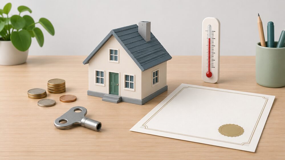 A small plain model house sits on a desk beside a blank certificate document and a wall thermometer, with a radiator key and a few coins nearby, suggesting a new home whose real energy use differs from its paper rating.