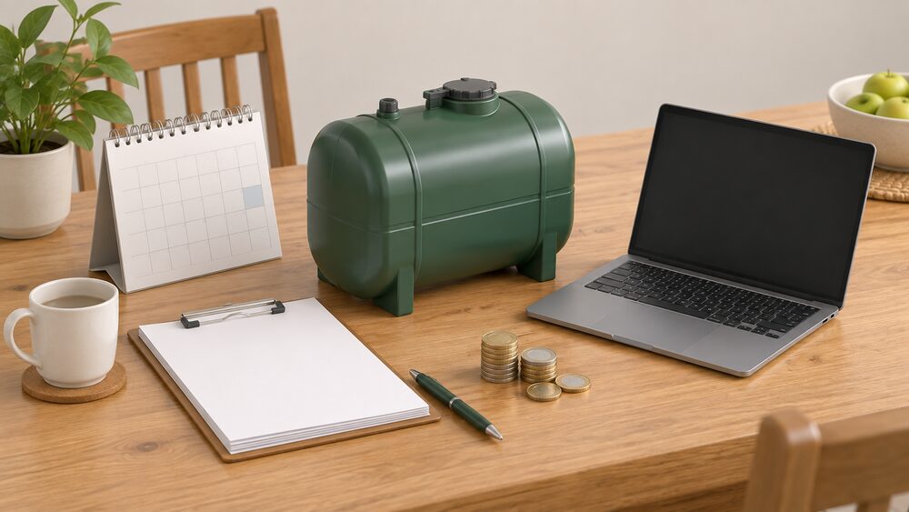 A small model of a domestic heating oil tank standing on a kitchen table beside blank delivery paperwork, a coin stack, a wall calendar and a laptop with a blank screen, suggesting an off-gas-grid household arranging a fuel delivery and checking support payments.