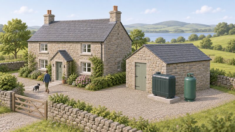 A rural stone cottage with a slim plastic heating oil tank on a base beside an outbuilding, and a large green LPG cylinder standing nearby, both outdoors on gravel ground with simple countryside around them.