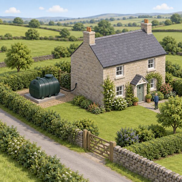 A stone rural cottage with a garden containing a plastic oil tank on a base, connected by a fuel line to the house wall, set in open countryside with fields and a lane, standing for the rural off-gas-grid households from Cornwall to Lincolnshire.