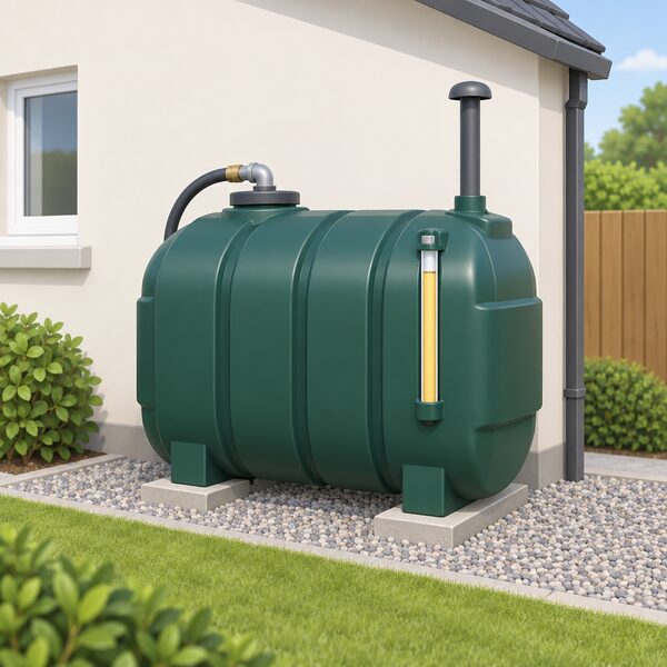 A plastic domestic heating oil tank on a garden side of a house, fitted with a fill point, vent pipe and level gauge, shown nearly full of oil so the gauge reads high, standing ready for winter.
