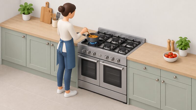 A kitchen scene showing a domestic LPG range cooker with a gas hob, one burner lit with a visible blue flame beneath a pan, drawn as a simple isometric view with a plain worktop and wall behind, illustrating the gas-style cooking appliance an LPG supply can run.