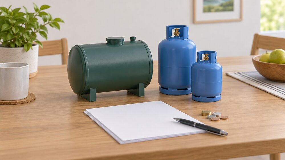 A small model of an oil storage tank standing beside two LPG gas bottles on a kitchen table, with blank paperwork, a pen and a few coins laid out in front of them, all lit by plain daylight.