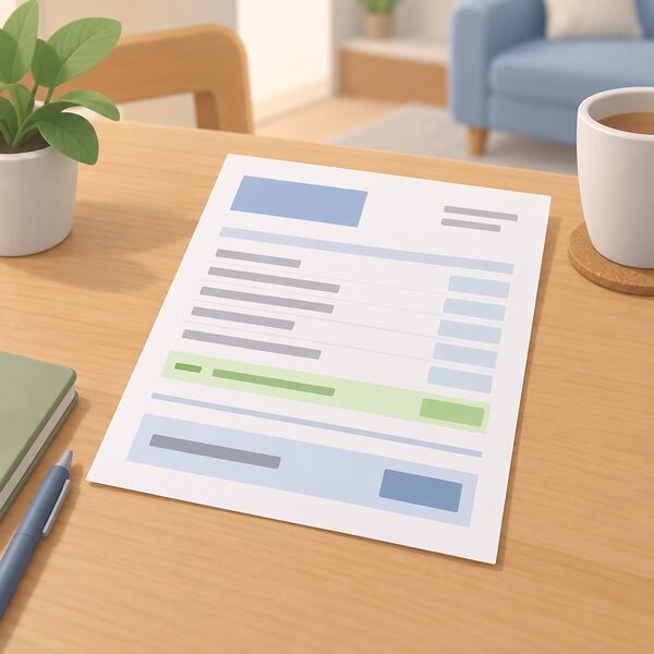 A paper electricity bill lying on a table in a home, drawn as a physical document with blank lines and plain colour blocks, showing a clearly separated rebate line set apart from the rest of the charges so the discount reads as applied to the bill.