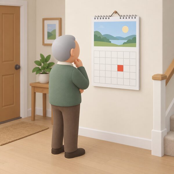 A wall calendar hanging in a home hallway, with the 23 August square clearly marked as the single qualifying date, while an older householder stands beside it checking the date against their circumstances.