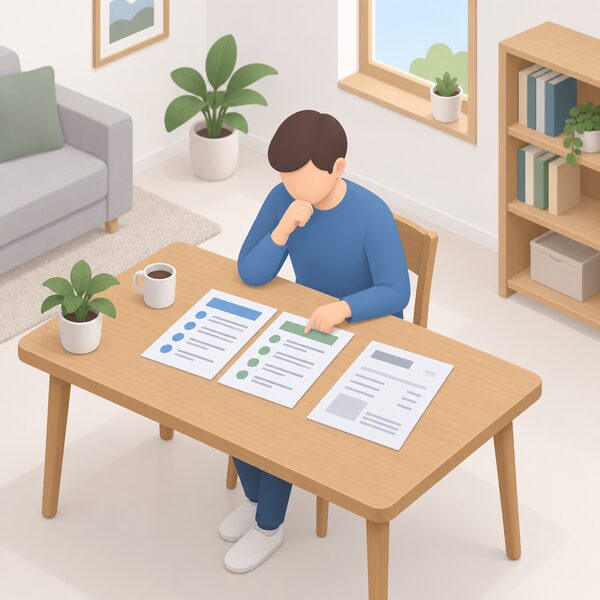 A householder seated at a table at home comparing printed supplier information sheets laid out side by side, with an electricity bill beside them, before choosing to switch their electricity supplier.