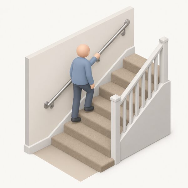 A metal grab rail securely fixed to the wall beside a domestic staircase, with a small isometric figure gripping it while standing on the stairs, showing the simple access adaptation funded by the Disabled Facilities Grant.