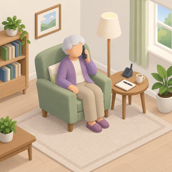 An older person seated in an armchair in a home living room, holding a cordless telephone handset to their ear while making a call to a free energy advice line, with a notepad and pen resting on a small side table beside them.