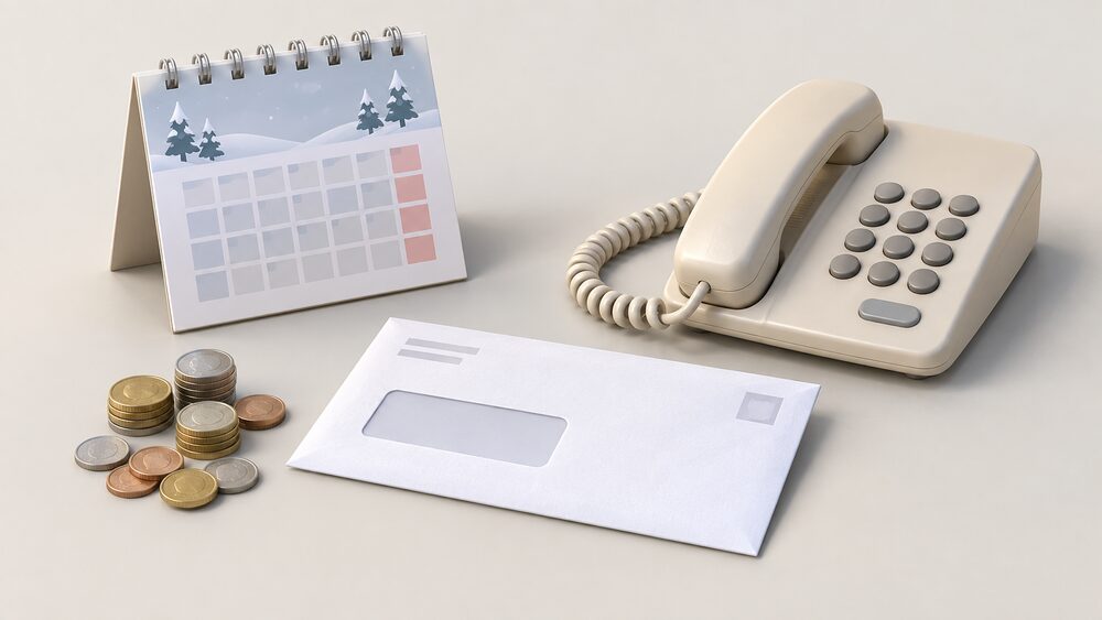 A small tabletop arrangement showing an unopened bill envelope, a pile of coins, a paper calendar and an old corded landline telephone, representing the arrival of a bill rebate and the phone-based advice an older household relies on instead of online accounts.