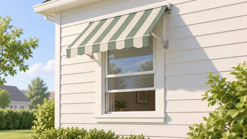 An exterior view of a house wall with a south-facing window shaded by a fabric awning extended out above it, while the lower sash of the double-hung window is slid open at the bottom for ventilation.
