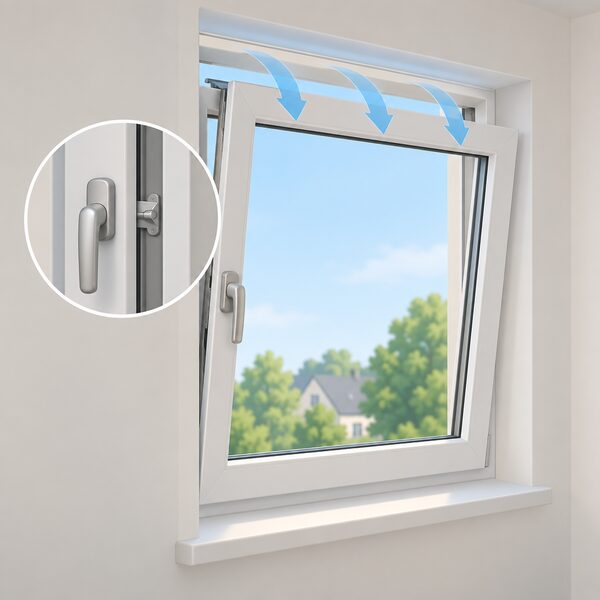 A close-up of a tilt and turn window on an inside wall, tilted open at the top with the handle turned to its locked position, showing secure ventilation with fresh air entering the room.