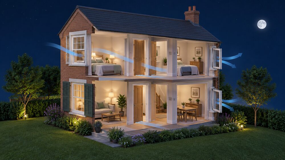A cutaway of a small UK house at night with windows open on opposite sides for cross-ventilation, external shutters above a south-facing window, internal doors open with undercuts, and a sash window open top and bottom in an upstairs bedroom.