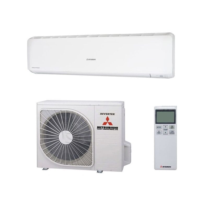 A Mitsubishi Heavy Industries wall-mounted air conditioning indoor unit shown with its outdoor inverter condenser unit and remote control on a white background