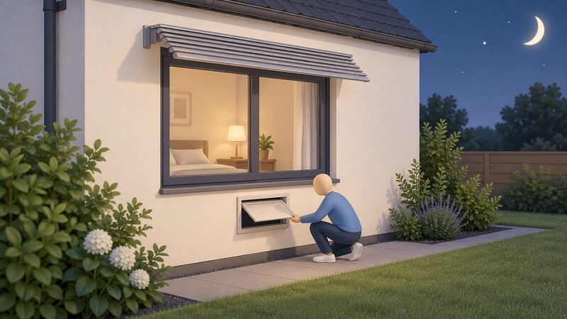 A UK house exterior wall with a south-facing window fitted with an external shading device mounted above it, and a small openable ventilation opening below the window shown open to the night air, with a simplified figure opening it.