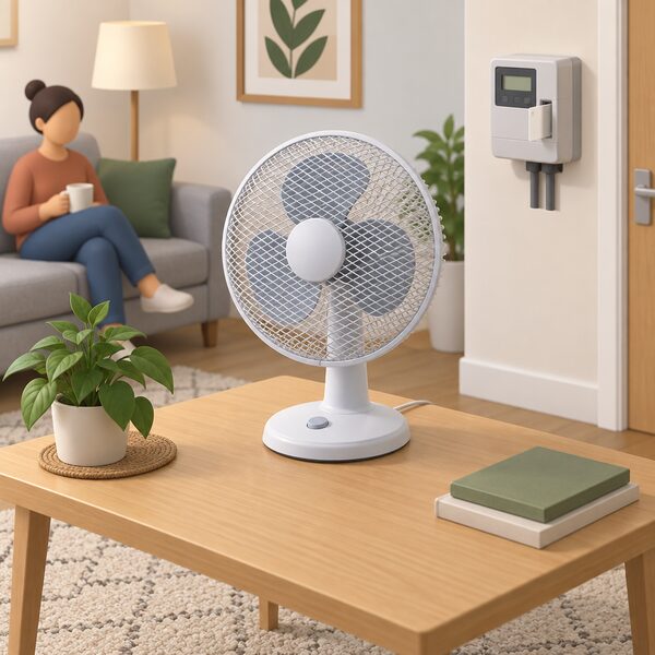 A small electric fan standing on a table in a simply furnished living room, drawn as the cooling appliance a household on a prepayment meter may be unable to afford to run, with a prepayment meter on the wall nearby.