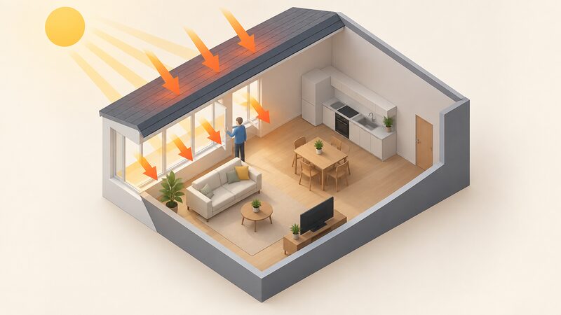 A cutaway isometric view of a single-aspect top-floor flat with all its windows on one sun-facing wall, a person opening one window while warm air shows no path through the home and heat arrows enter through both the glazing and the roof above.