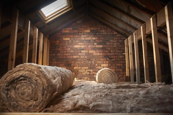 Rolls of mineral wool loft insulation laid between joists in a loft with a skylight and brick gable wall