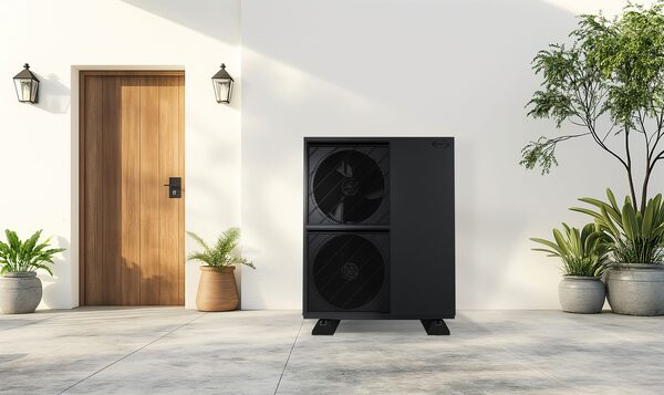 A black air source heat pump unit standing outside a white house wall beside a wooden front door with potted plants
