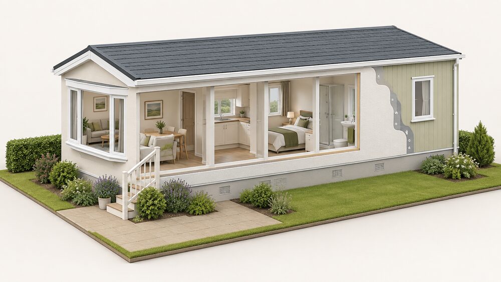 A single-storey park home with a shallow pitched roof and panel walls, shown with its external wall insulation part-finished so one side wall shows the thick new weatherproof render coating while the rest of the original panel exterior remains visible, the home standing on its park pitch.