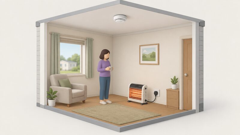 A smoke alarm mounted on the ceiling of a small park home room, with a portable electric heater plugged directly into a wall socket on the floor below, a person nearby.