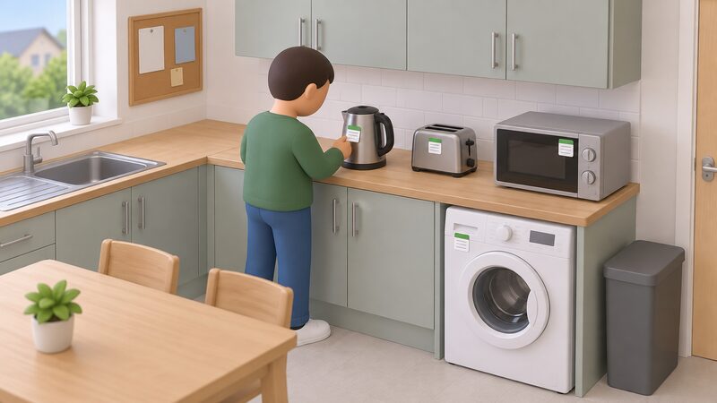 A shared HMO kitchen where a simplified tenant figure looks at a small dated test sticker on a supplied kettle on the worktop, with a toaster, microwave and shared washing machine nearby each carrying a similar small sticker.