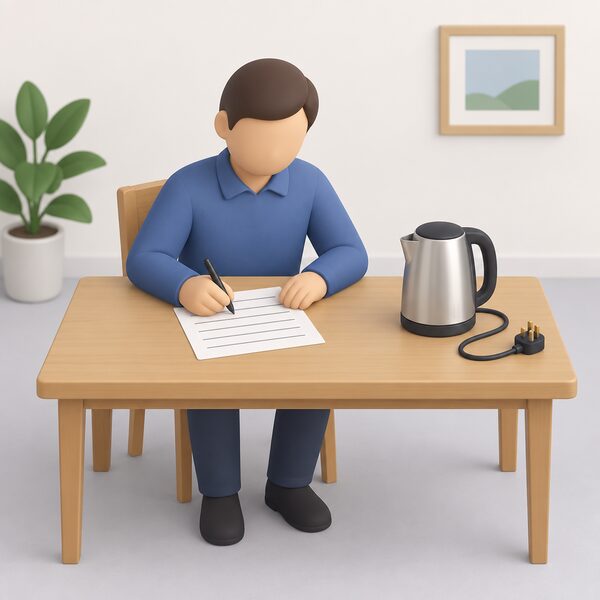 A landlord figure seated at a table writing on a paper record of appliance testing, with a kettle and its lead and plug lying nearby as the tested appliance, the written record shown with blank lines only.