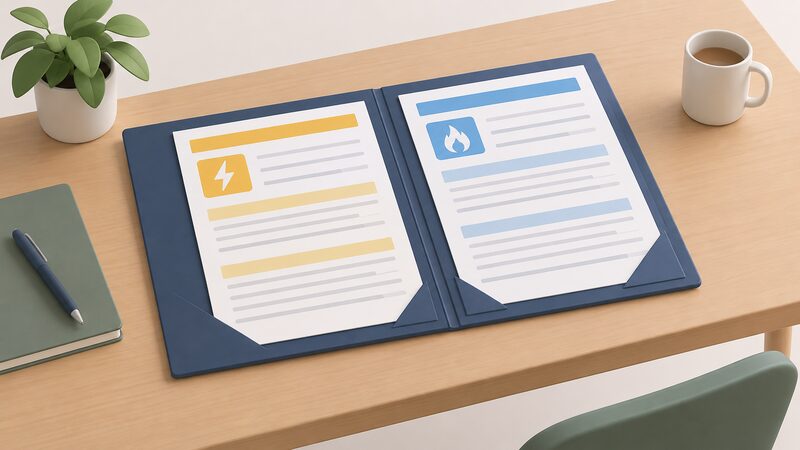 A landlord's open safety folder lying on a table, holding two documents side by side — an electrical installation report and a gas safety record — each shown as a physical sheet with blank lines and plain colour bands, no readable content.
