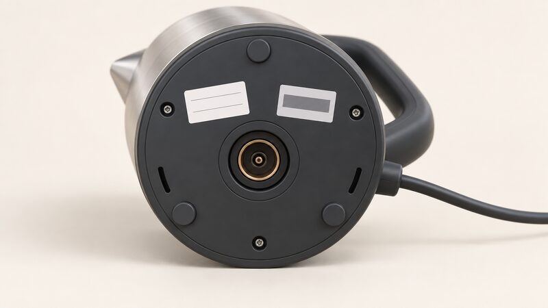 A close-up of an upturned electric kettle base showing two separate small labels side by side: a plain PAT test sticker with blank date lines and a manufacturer's rating label with a plain wattage block, both clearly distinct.