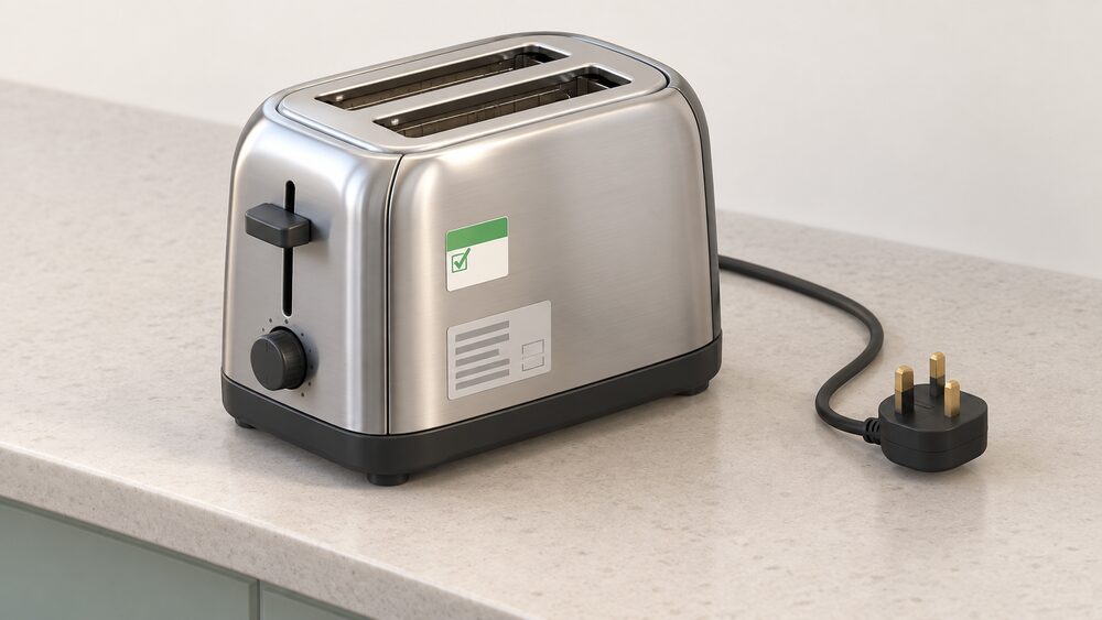 A close-up of a supplied toaster on a plain kitchen worktop, shown with a small square PAT test sticker on its side and the manufacturer's rating label beside it, with its plug and lead resting nearby.