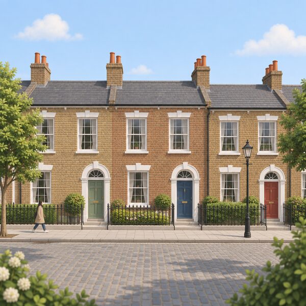 A quiet terrace of older brick houses along a conservation area street, seen straight on, with original sash windows, chimneys and front doors intact and no visible modern external additions such as heat pumps, flues, satellite dishes or wall-mounted boxes on any facade.