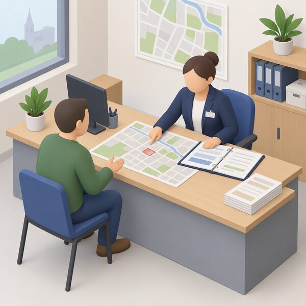 A householder stands at a counter in a local planning authority office, speaking with a planning officer who refers to a large area map and a folder of direction documents spread on the desk between them.