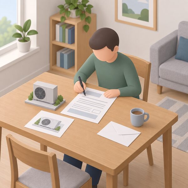 A simplified figure sits at a table in a home completing a paper planning application form with a pen, the form showing blank lines and plain blocks, with a small model or sketch of an air source heat pump beside it ready for submission to the council.