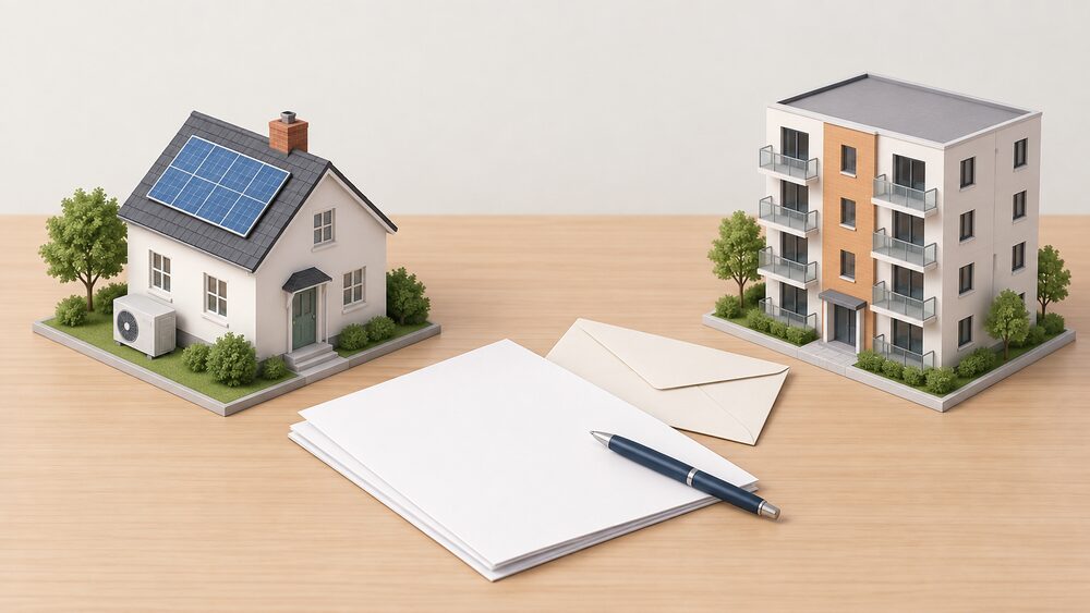 A small model house with a tiny air source heat pump unit and solar panel beside it, a small plain model block of flats standing apart, and blank application paperwork with an envelope and a pen on a table between them.