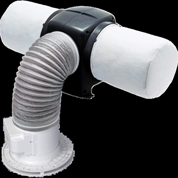 A Nuaire Drimaster-Eco Heat positive input ventilation (PIV) unit with insulated ducting and ceiling diffuser, shown on a white background